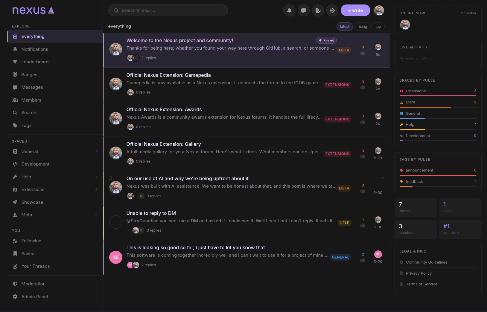 Nexus forum interface showing the feed, spaces sidebar, and right panel